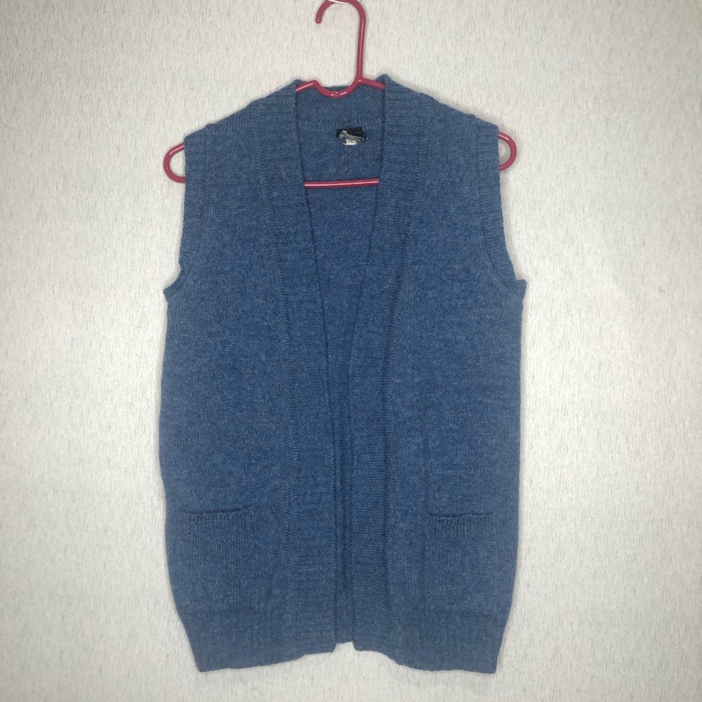 Vintage Shetland Wool Cardigan Vest Open Front Ribbed Trim English Countryside S